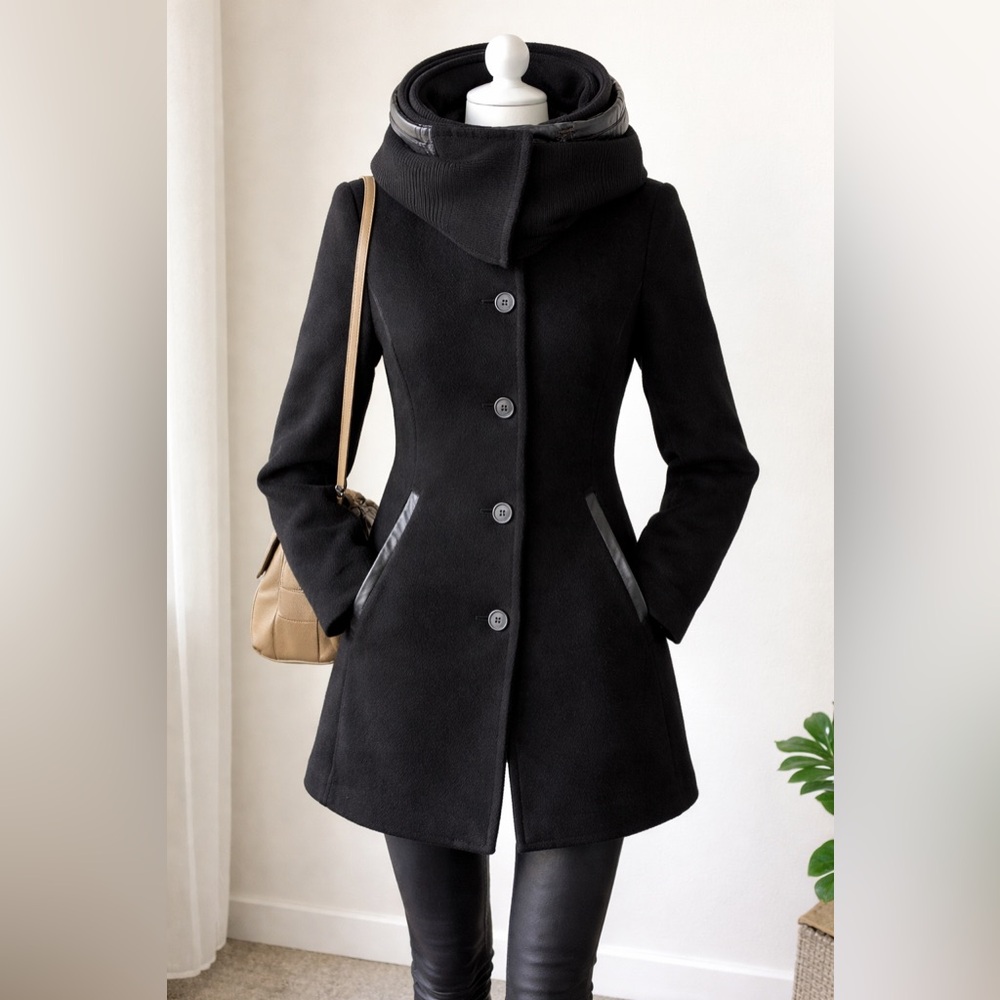 Mackage Wool Cashmere Coat Black Leather Trim Removable Collar Hood Size L